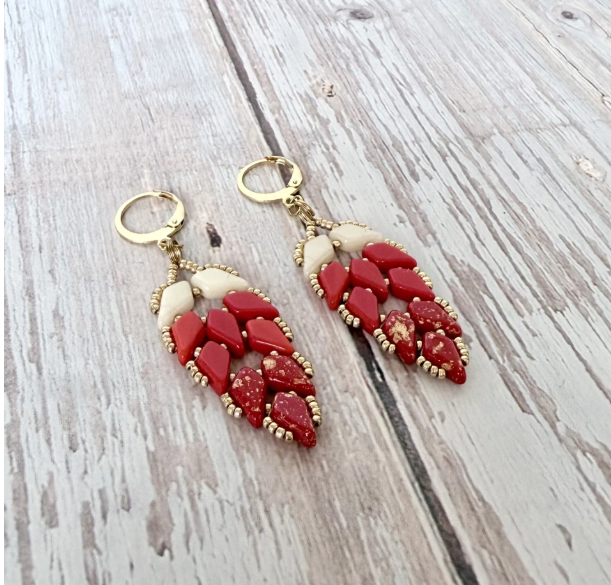 Náušnice Paví peří Red and Beige